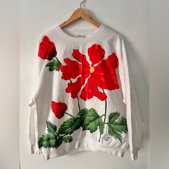 Tops - Vintage Hand painted Floral Red and Green Long Sleeve Shirt